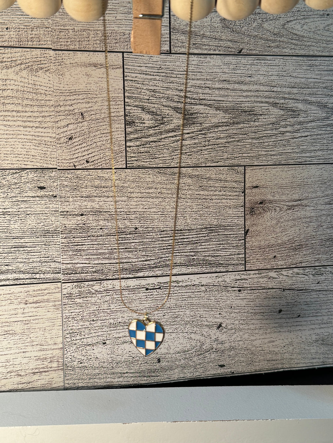 Blue Checkered Heart Gold Necklace